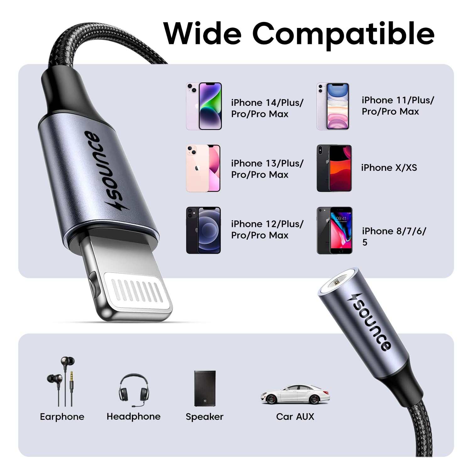 Sounce Lightning to 3.5 mm Converter Built-in DAC Chip, Braided Cable Compatible with iPhone